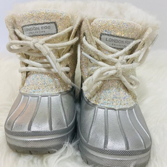 Children’s London Fog  Tadley Snow Boots With Silver Sparkles And White Faux Fur - Picture 2 of 8